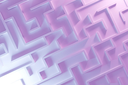 From above view of walls of the labyrinth network of paths. Abstract 3D maze with pastel purple and pink tones, symbolizing complexity, challenge, and problem-solving. Labyrinth, creative ideaの写真素材