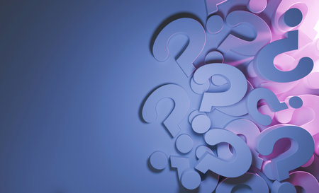 modern 3D rendering features a cluster of sleek, blue question mark symbols on blue gradient background with pink light, copy space. Conceptually represents inquiry, corporate questions, problem, FAQの写真素材