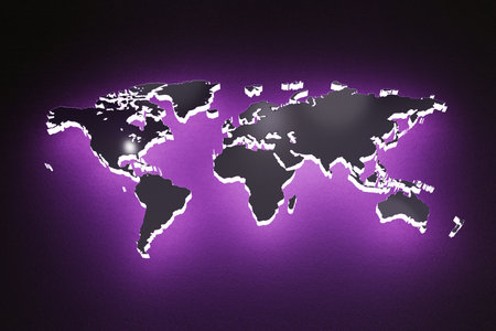Glowing purple world map light on a dark background. Concept of global network, international connection, worldwide communication, travel, geography, and modern digital design. Web, conceptの写真素材