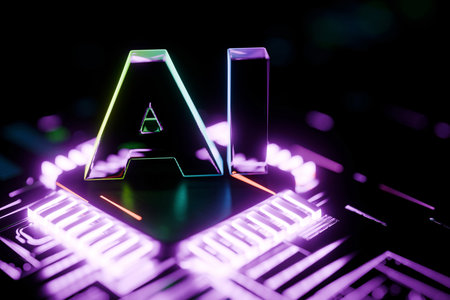 AI and Artificial Intelligence Chip on Circuit Board: Neon light CPU Processor, concept. Abstract digital background with AI letters and network connections.の写真素材