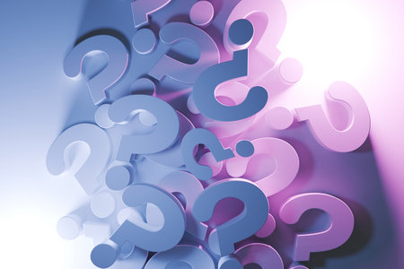 Questions on white background with blue and pink light, concept. Image conceptually inquiry represents, corporate questions, problem-solving, research, and search for information. FAQ, creative ideasの写真素材