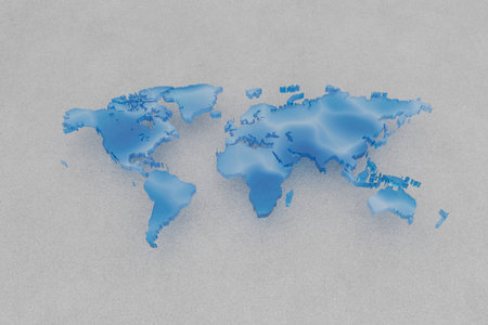 3D blue world map water on a light textured background. Concept of global connection, geography, international business, worldwide communication, and modern cartography design. Water and ocean conceptの写真素材