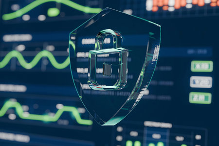 Cybersecurity concept with glowing padlock shield icon over financial data charts, symbolizing online safety, encryption, data protection, and digital privacy. Digital padlock on shield, creative ideaの写真素材