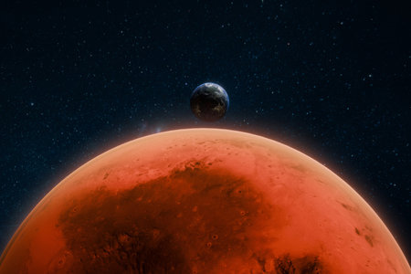 Earth and Mars seen together in outer space, highlighting the contrast between the blue planet and the red planet against a starry background. red Martian surface. Space view of planet Earth from Marsの写真素材