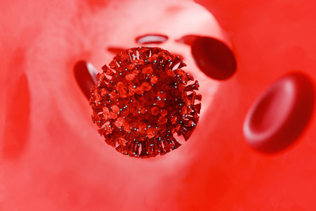 Coronavirus in blood with blood cells, concept. Disease, creative idea. Infected blood. Flu virus cell.Coronavirus disease COVID-19 infection. Human papilloma virus infection, HPV virusの写真素材
