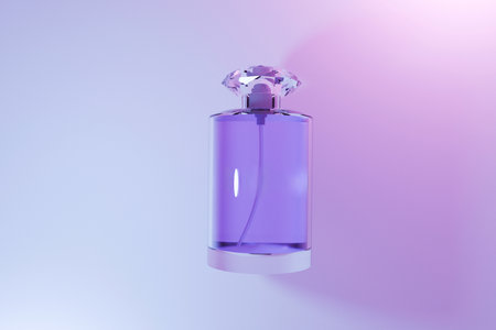 Elegant glass perfume bottle with purple liquid and crystal cap on soft pink and violet background. Luxury fragrance concept, beauty, fashion, and cosmetic product design.の写真素材