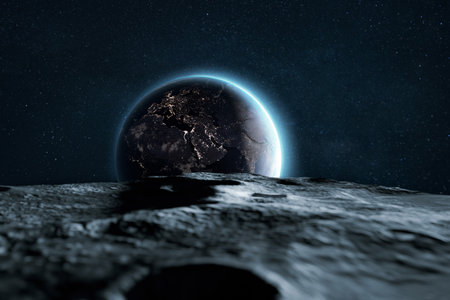 New space lunar mission. Landscape of the moon with stones and craters on the moon surface. Blue planet earth view from the moon. Moon, concept. Amazing Moon and Earth from space, creative ideaの写真素材