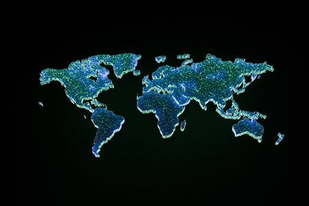 Abstract glowing world map on a black background with neon light, symbolizing global connection, environment. Technologies and web communications, conceptの写真素材