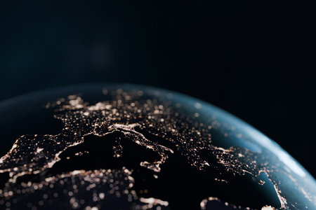 Night planet Earth with the European continent and the lights of the night cities of Spain, Italy, Portugal, Germany, France, Poland, Croatia, Denmark, Sweden and Austria. Amazing space view, conceptの写真素材