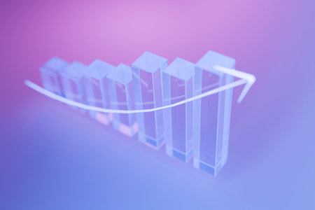 Abstract 3D bar chart with neon upward arrow on gradient background, representing financial growth, investment success, economic progress, business strategy, and positive career development.の写真素材