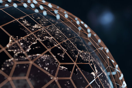 Earth at night with glowing city lights and a digital grid lights overlay, symbolizing global communication, technology, connectivity, and worldwide digital networks. Business and financeの写真素材