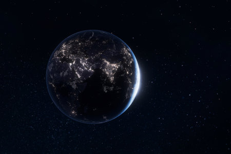 Planet Earth at night seen from space with illuminated cities in Europe, Africa, Middle East, Asia regions, highlighting human activity and global connectivity. Communication and globalizationの写真素材