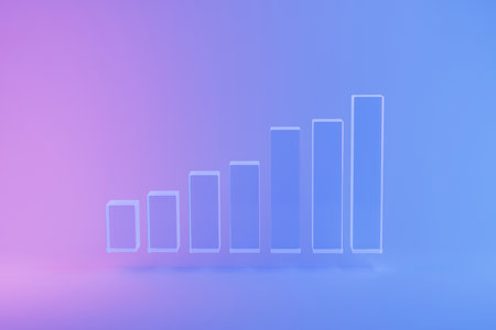 Neon 3d bar chart on pink blue gradient background, symbolizing growth, success, business development, financial progress, and positive results.Fintech success, creative ideaの写真素材