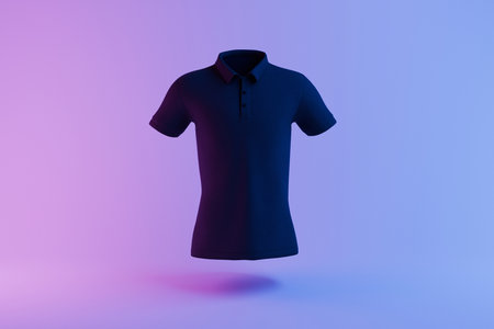 Black mockup polo shirt floating on a pink and blue gradient background, minimalist fashion concept, modern clothing design mockup, stylish casual wear presentation.の写真素材