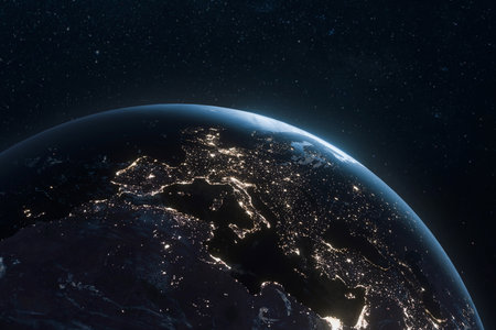 Earth view from space at night with glowing city lights across Europe, showing the beauty of our planet against the dark starry cosmos. Perfect for global, space, and technology concepts.の写真素材