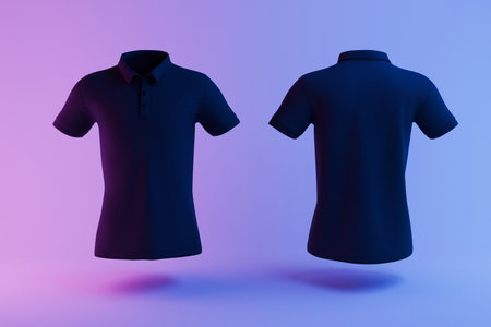 Minimalist black front mockup polo shirt on vibrant pink and blue gradient background, modern fashion concept, stylish apparel mockup for branding, advertising, or online clothing store design.の写真素材