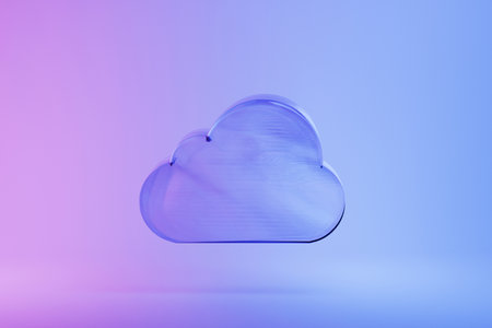 Neon glass cloud on colored pink blue background. Cloud Computing Concept, modern cloud technology. Integrated digital web concept background, internet data storage, database and mobile.の写真素材