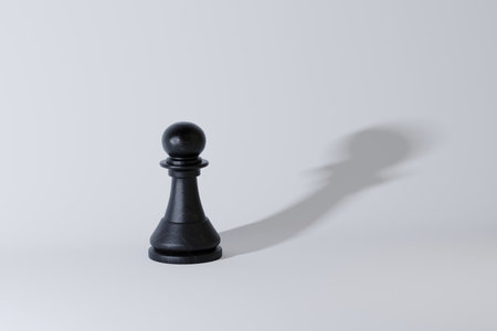 Pawn black chess piece with shadow on white background. Strategy, potential, leadership, creative idea. Success and thinking, concept.の写真素材