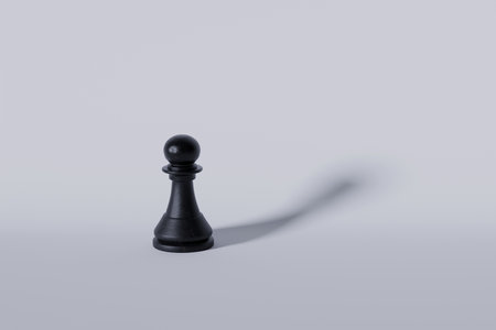 Pawn black chess piece with shadow on white background. Strategy, creative idea. Success and thinking, conceptの写真素材