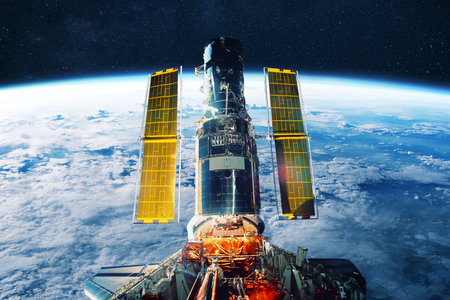 space telescope with golden solar panels orbits above Earth, capturing the beauty of the planet and...