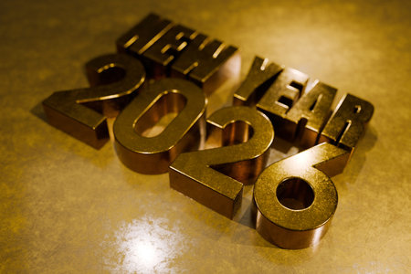 Golden text New Year 2026 lies on a shiny surface, symbolizing celebration, festivity, and the start of a prosperous year. Perfect for holiday and New Year - themed visuals.の写真素材
