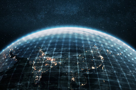 Night planet earth Asian countries with light lines of communication and connection. Business and finance, concept. Global communications system and the World Wide Web. Technologies and communicationの写真素材