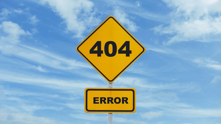 Attention error 404, concept. Yellow sign 404 on blue sky with clouds. Error accessing the site. Webの写真素材