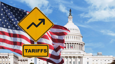 Yellow road sign arrow up tariffs on background of American flag and capitol, concept. Trade wars and crisis, creative idea. US Trade policy. Increase in import and export pricesの写真素材