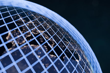 Earth at night with bright city lights and a blue digital grid lines light overlay, symbolizing global technology, communication networks, connectivity, and modern digital infrastructure. Businessの写真素材