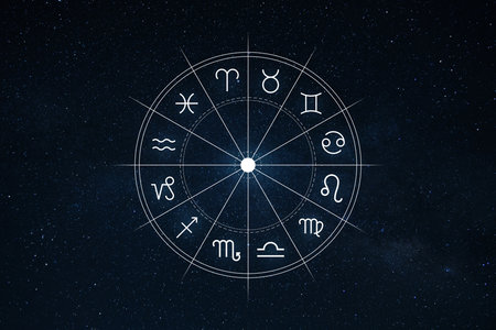 Zodiac wheel with twelve astrology signs on starry night sky background, symbol of horoscope, astrology, mysticism, and cosmic energy. Predictions and fortune telling, conceptの写真素材
