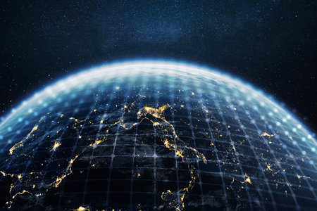 Futuristic view of Earth from space with glowing city lights and digital grid overlay. Concept of...