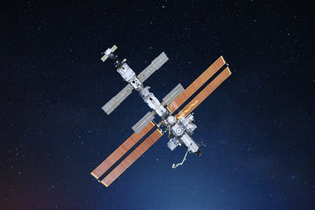 ISS space station flies in starry space and explores deep space. Space mission and ISS....