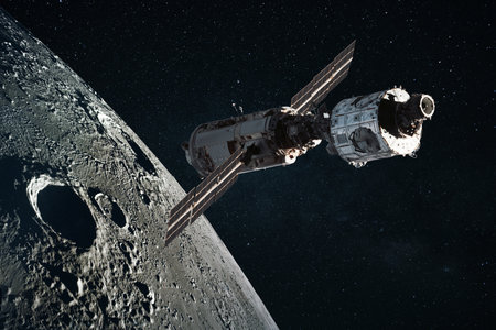 Spacecraft orbiting the moon with visible craters and starry background. Concept of space travel,...