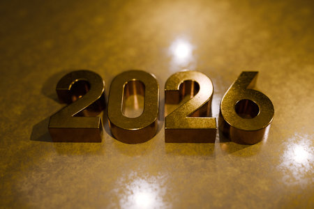 Gold New Year 2026. Golden 3D numbers forming 2026 on a reflective golden surface. Symbol of new...