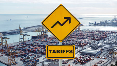 Economic Tariffs Concept. America tariffs on EU. Crisis, Trade and economic war. Trade shipping containers in port with yellow traffic sign up tariffs.の写真素材
