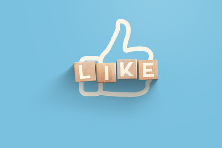 Wooden Like Cubes On Blue Background With thumbs up, Creative Idea. User Review. Marketing And Positive Reaction. Users and approval, conceptの写真素材