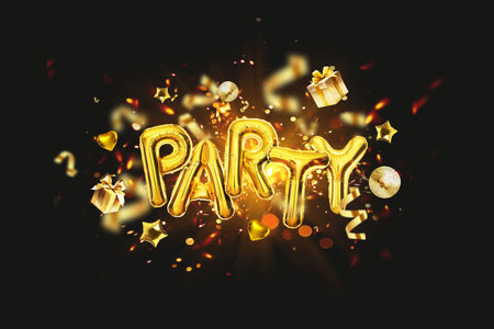 Gold Party Balloons fly with golden gifts, confetti, mirrored balloons, stars and hearts on a dark background with sparkles. Luxury Party, a creative ideaの写真素材