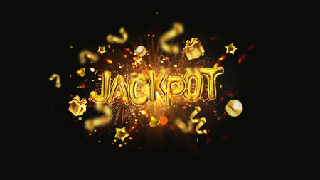 Golden air balloons Jackpot with gifts, sparks, confetti and fireworks on dark background. Luxury casino win, creative idea. Bonus, concept.の写真素材