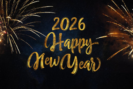 Festive 2026 Happy New Year greeting with elegant gold glitter calligraphy. Features vibrant golden...