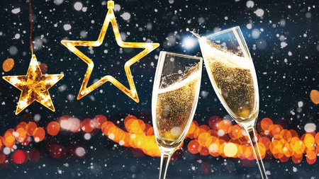 Two champagne flutes clinking against a winter night background with glowing stars and bokeh lights....