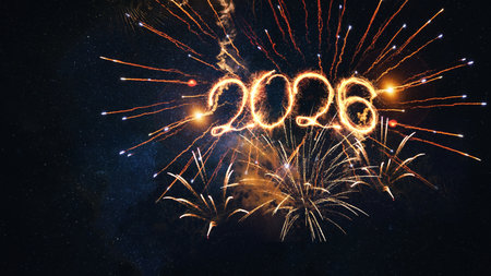 Happy New Year 2026 Square creative Greeting card. Beautiful holiday web banner with Golden...