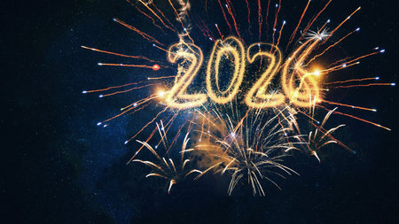 Happy New Year 2026 Fireworks on Night Sky Universe in Blue. 2026 new year, new year's eve,...