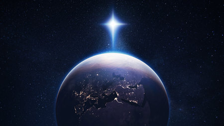 Amazing planet Earth at night with city lights visible from space, featuring a bright glowing Star...