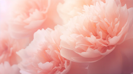 Peony flower background on the bottom right of frame, closeup with soft focus and sunlight, space for text, photo, stock photo, photo by Generative AIの素材