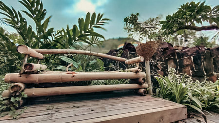 Vintage wooden bench in the garden. Vintage tone filter effect.