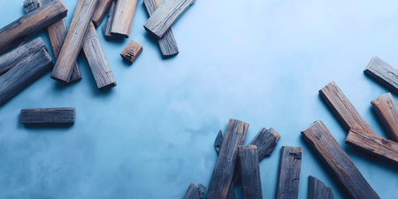 Wooden logs on a blue background. Top view. Copy space.