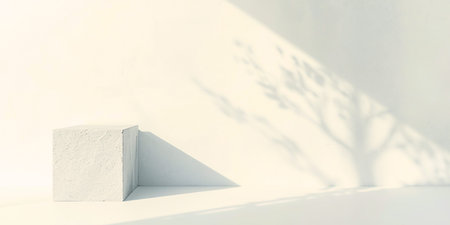 White concrete pedestal with shadow on white wall. 3D rendering