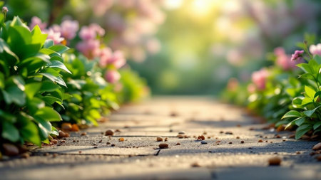 Pathway in the garden with flowers and sunlight. Nature background.