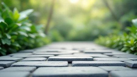 Paving stone pathway in the garden with nature green bokeh background