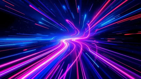 Abstract 3D illustration of blue and pink neon lights moving fast on a dark background